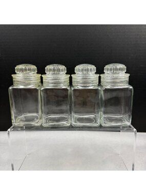 Vintage Squibb Style Glass Apothecary Spice Jars Plastic Screw Lid Lot Of 4
